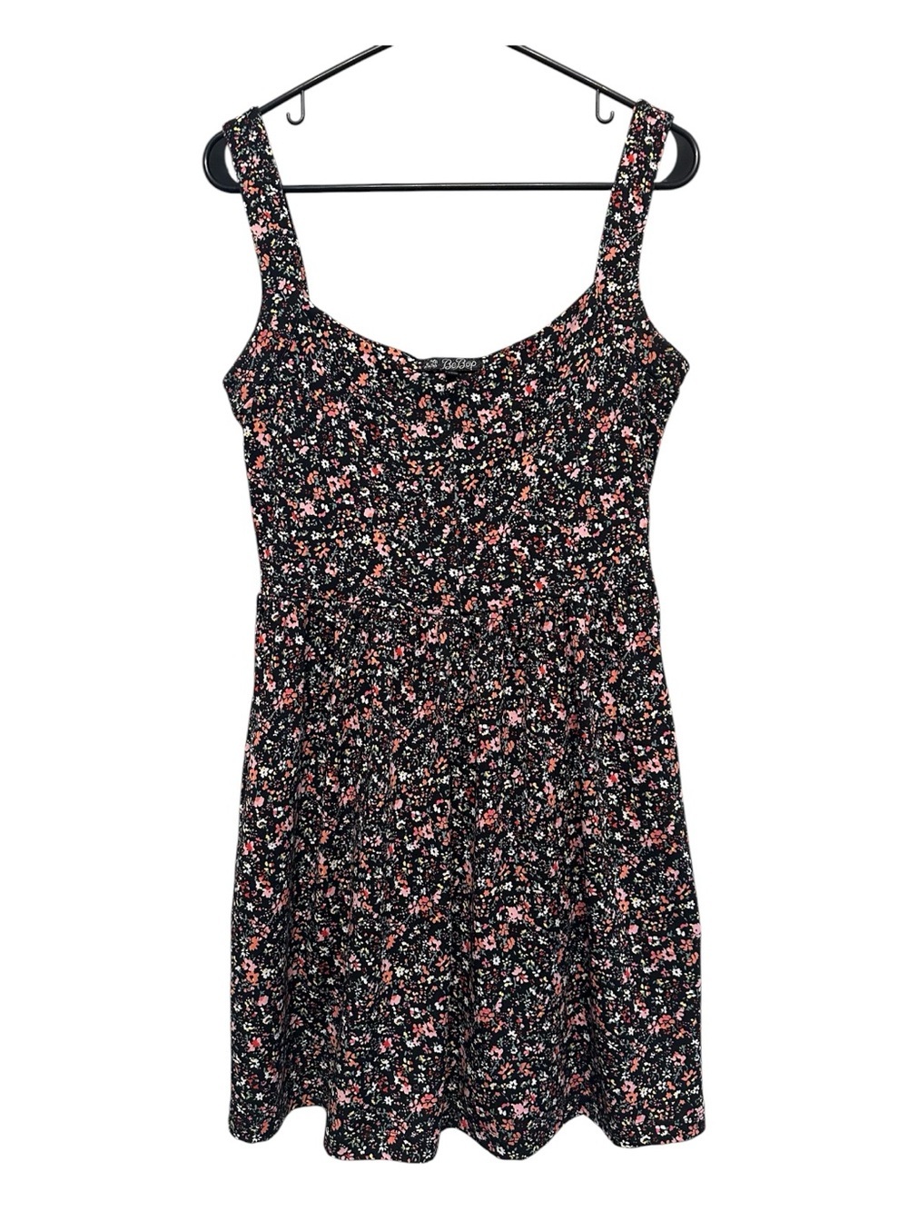 Late Y2K BeBop Black Floral Mini Dress with Pink & White Accents (& Pockets!) M